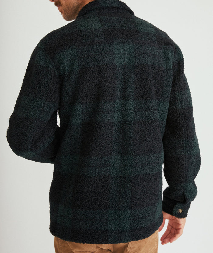 Marine Layer Green/Black Plaid Long Sleeve Sherpa Overshirt