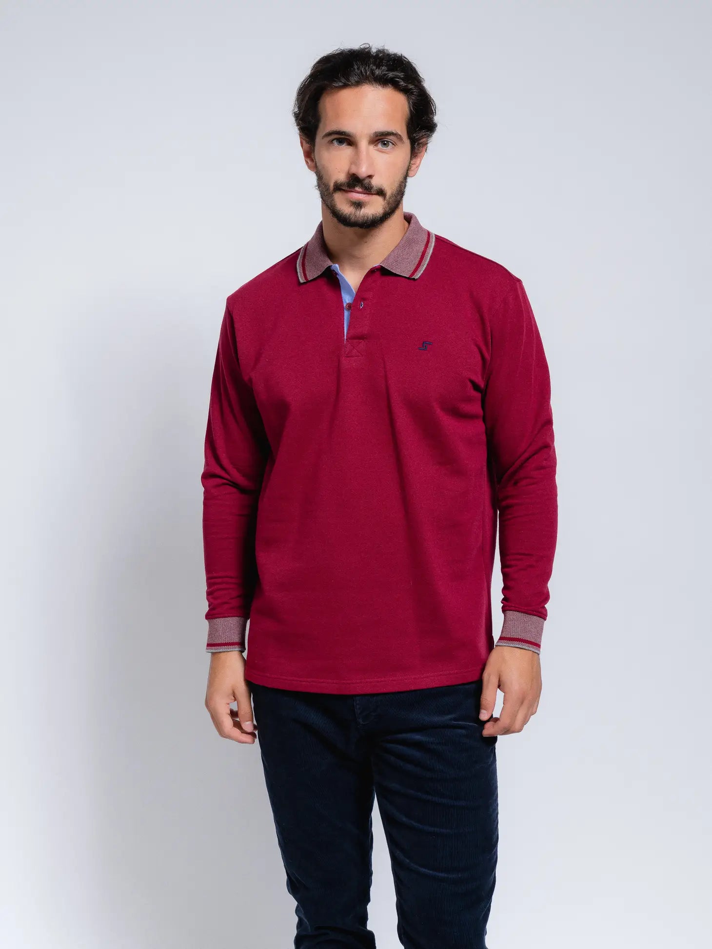 Faire,SMF, SMF Burgundy Knit Long Sleeve Button Up Knit Polo With Contrast Collar And Cuff Detail, Red, Large-44-TagL