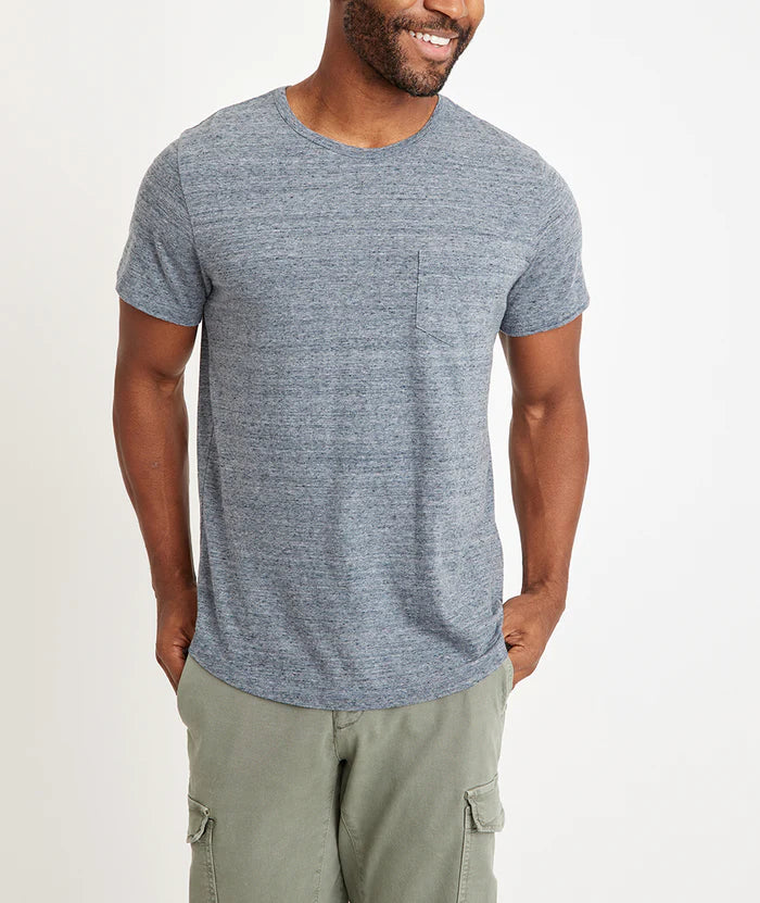 Wholesale,Marine Layer, Marine Layer Heather Blue Curve Hem Pocket Slub Tee, Blue, Small-38-TagS
