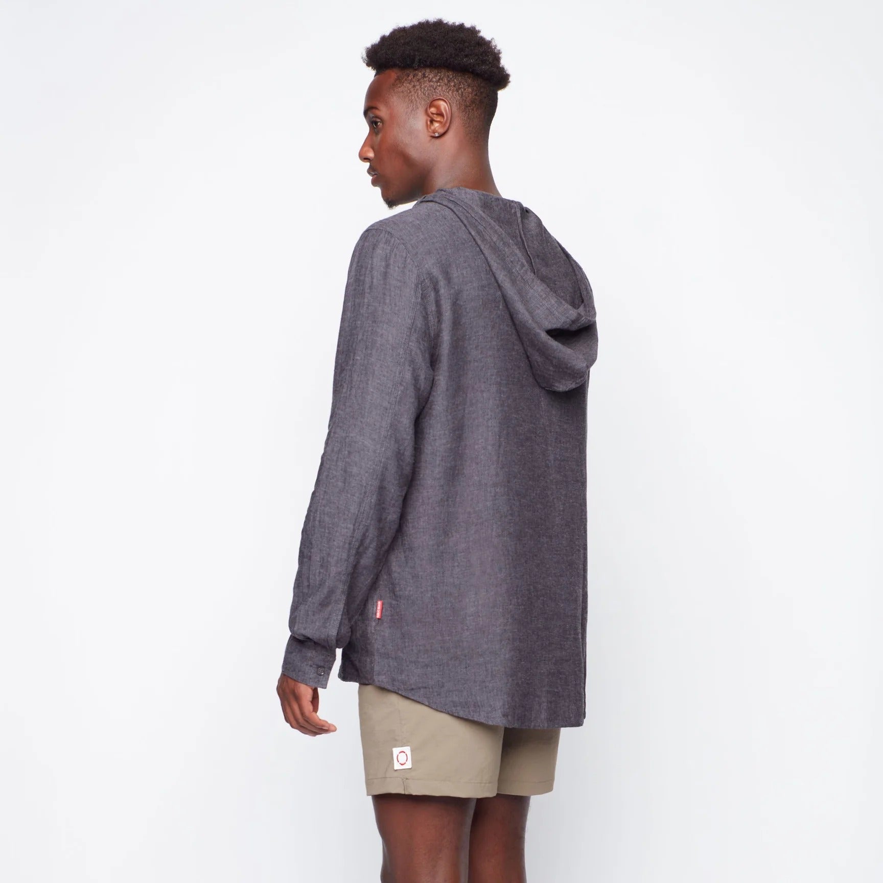 Wholesale,Public Beach, Public Beach Charcoal Linen Blend Long Sleeve Shirt with Hood, Grey, Small-42-TagSMedium-44-TagMLarge-46-TagLExtra Large-50-TagXLExtra Extra Large-52-TagXXL