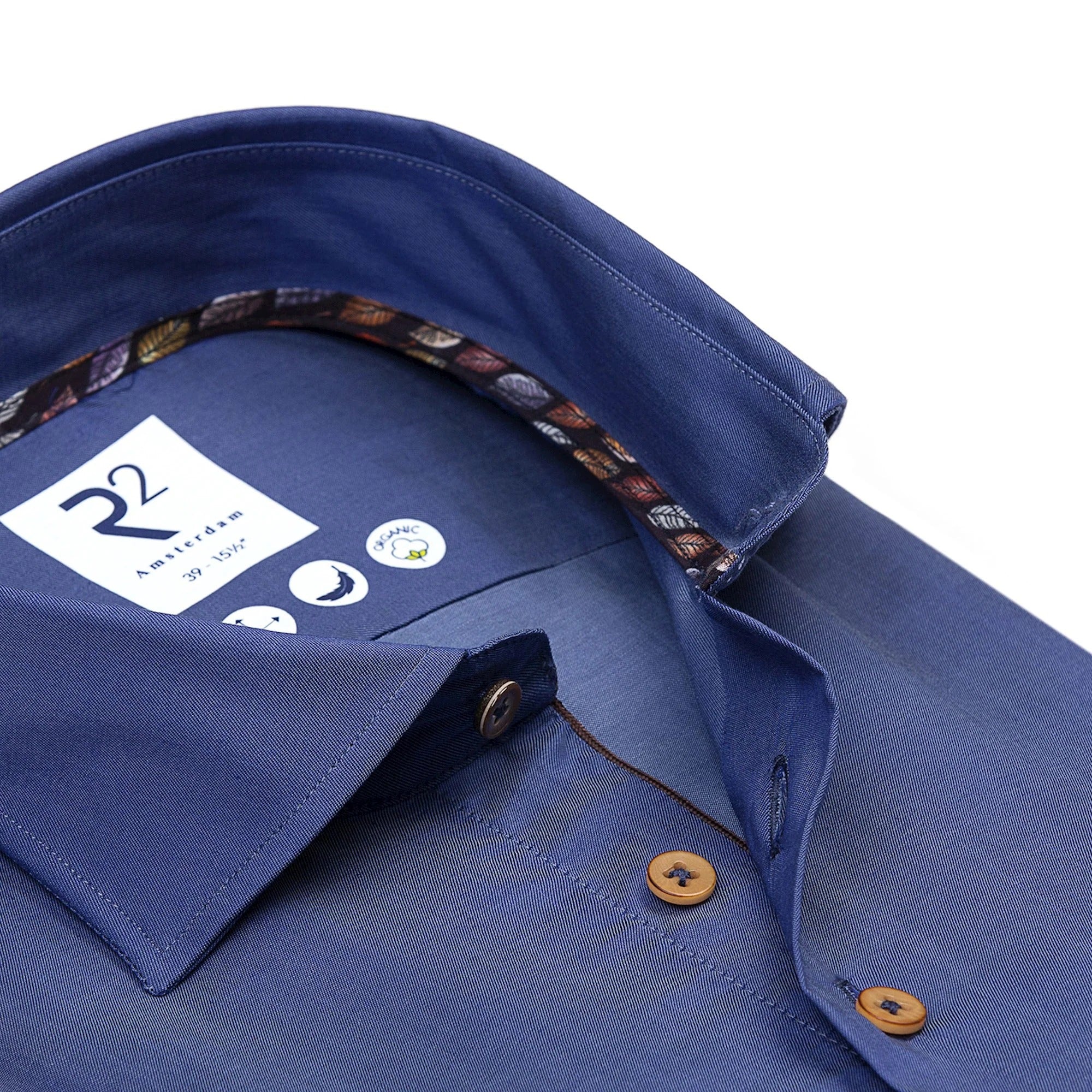 Brand Partner,R2 Amsterdam, R2 Amsterdam Dark Blue Long Sleeve Button Up Tencel Shirt, Blue, Small-41-Tag39
