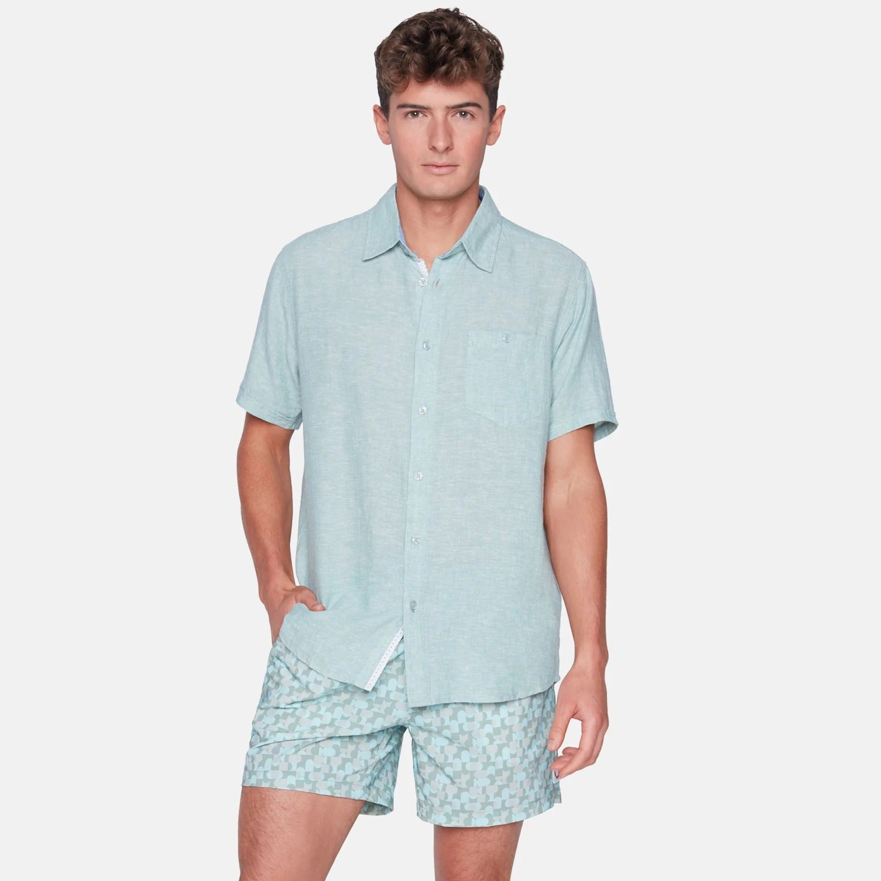 Wholesale,Public Beach, Public Beach Mint Linen Blend Short Sleeve Shirt with Contrasting Inner Placket, Green, Small-42-TagSLarge-46-TagLExtra Large-50-TagXLMedium-44-TagMExtra Extra Large-52-TagXXL