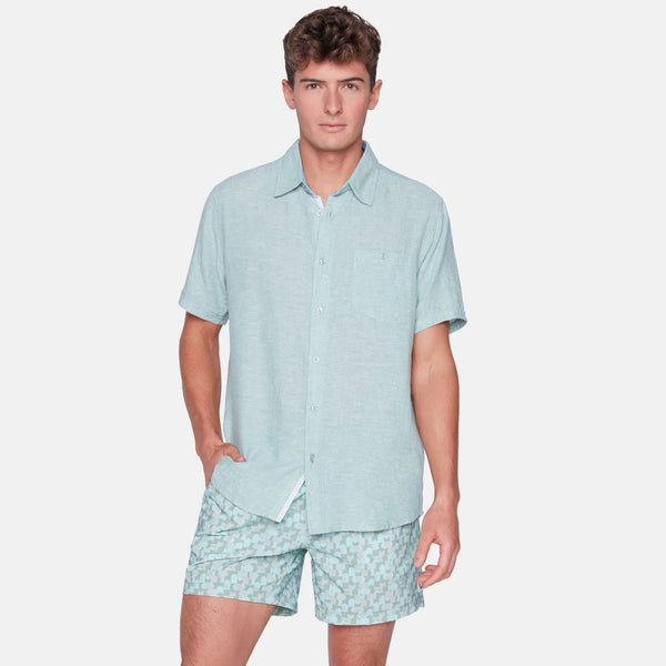 Public Beach Mint Linen Blend Short Sleeve Shirt with Contrasting Inner Placket