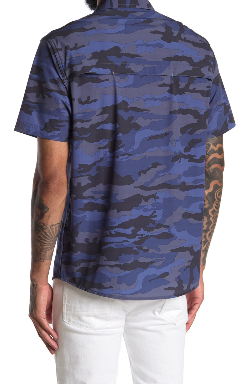 Flag and Anthem Navy Blue Camo Print Short Sleeve Button Up Shirt