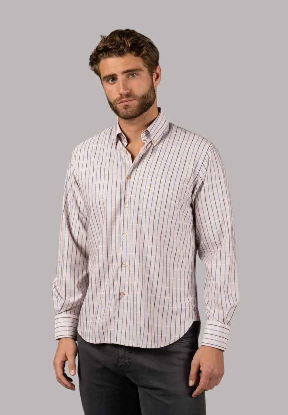 Wholesale,American Heritage, American Heritage Beige/Blue Check Performance Stretch Shirt, Tan, Small-42-TagSMedium-44-TagM