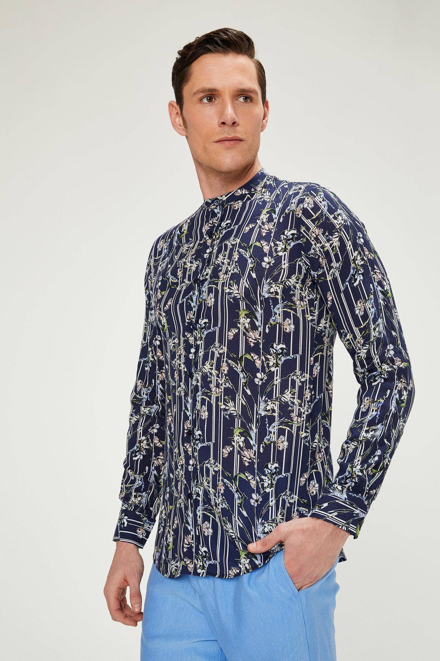 Faire,RNT 23, RNT 23 Navy Floral Stripe Lightweight Mandarin Collar Long Sleeve Tunic, Blue, Small-41-TagS