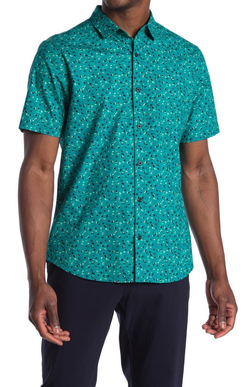 Nordstrom Rack, Abound Teal Floral Printed Shortsleeve Button Up Shirt, Green, Medium-42-TagM