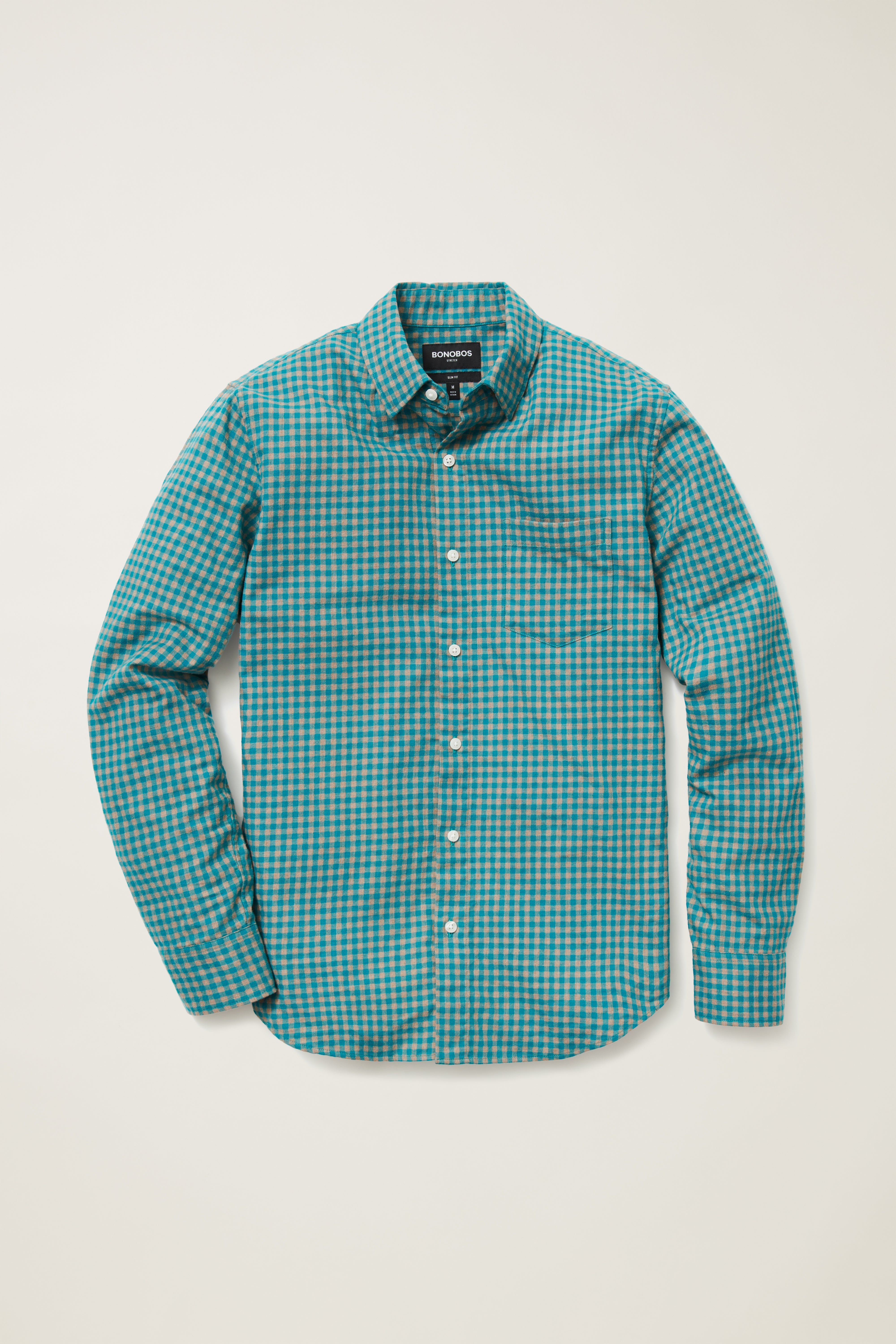 The RealReal,Reigning Champ, Bonobos Teal and Tan Gingham Stretch Slim Flannel Shirt, Blue, Extra Large-48-TagXLLarge-45-TagLMedium-42-TagMExtra Extra Large-51-TagXXLSmall-38-TagS