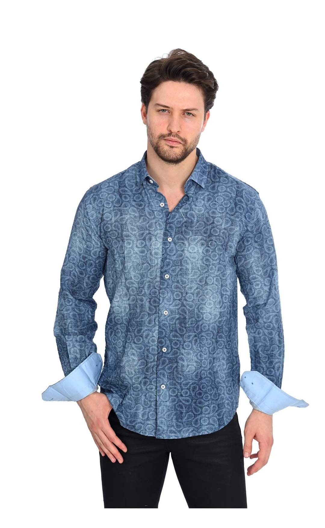 Wholesale,Mizumi, Mizumi Blue Paisley Print Long Sleeve Button Up Shirt, Blue, Large-45-TagL