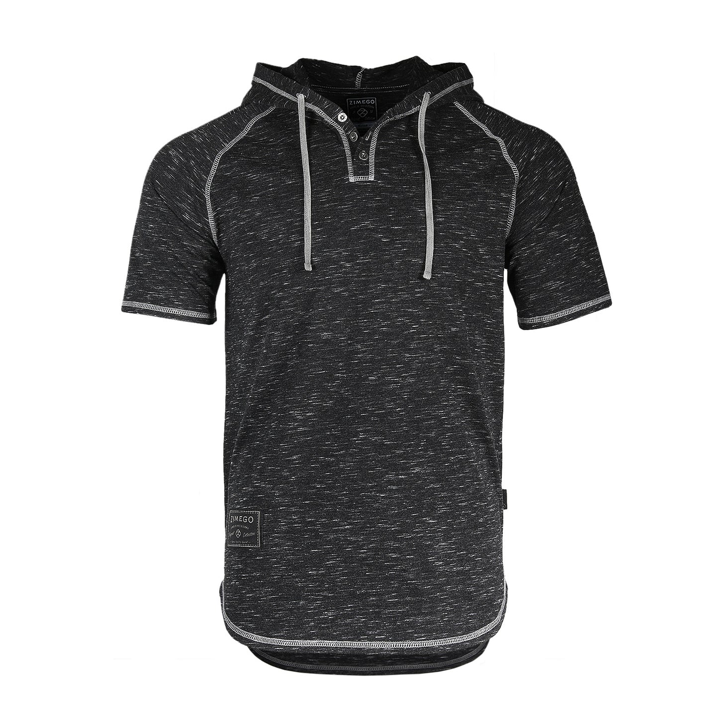 Faire,Zimego, Zimego Heather Charcoal Short Sleeve Pullover Hooded Henley, Black, Medium-40-TagM