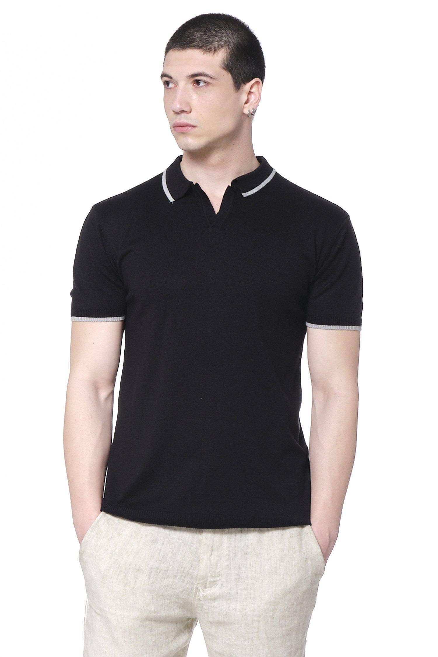 Faire,Ron Tomson, RNT 23 Black Short Sleeve Polo With White Trim Collar Details, Black, Medium-41-TagM
