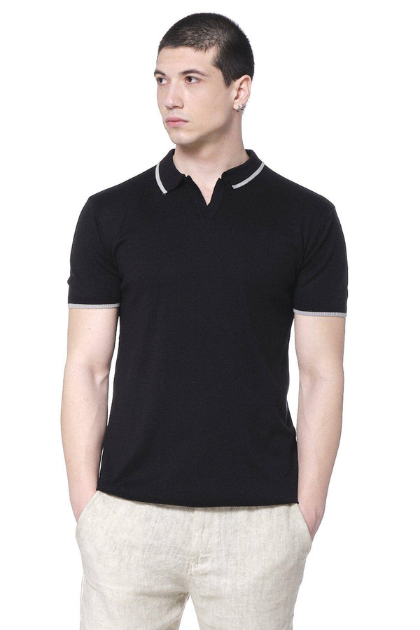 RNT 23 Black Short Sleeve Polo With White Trim Collar Details