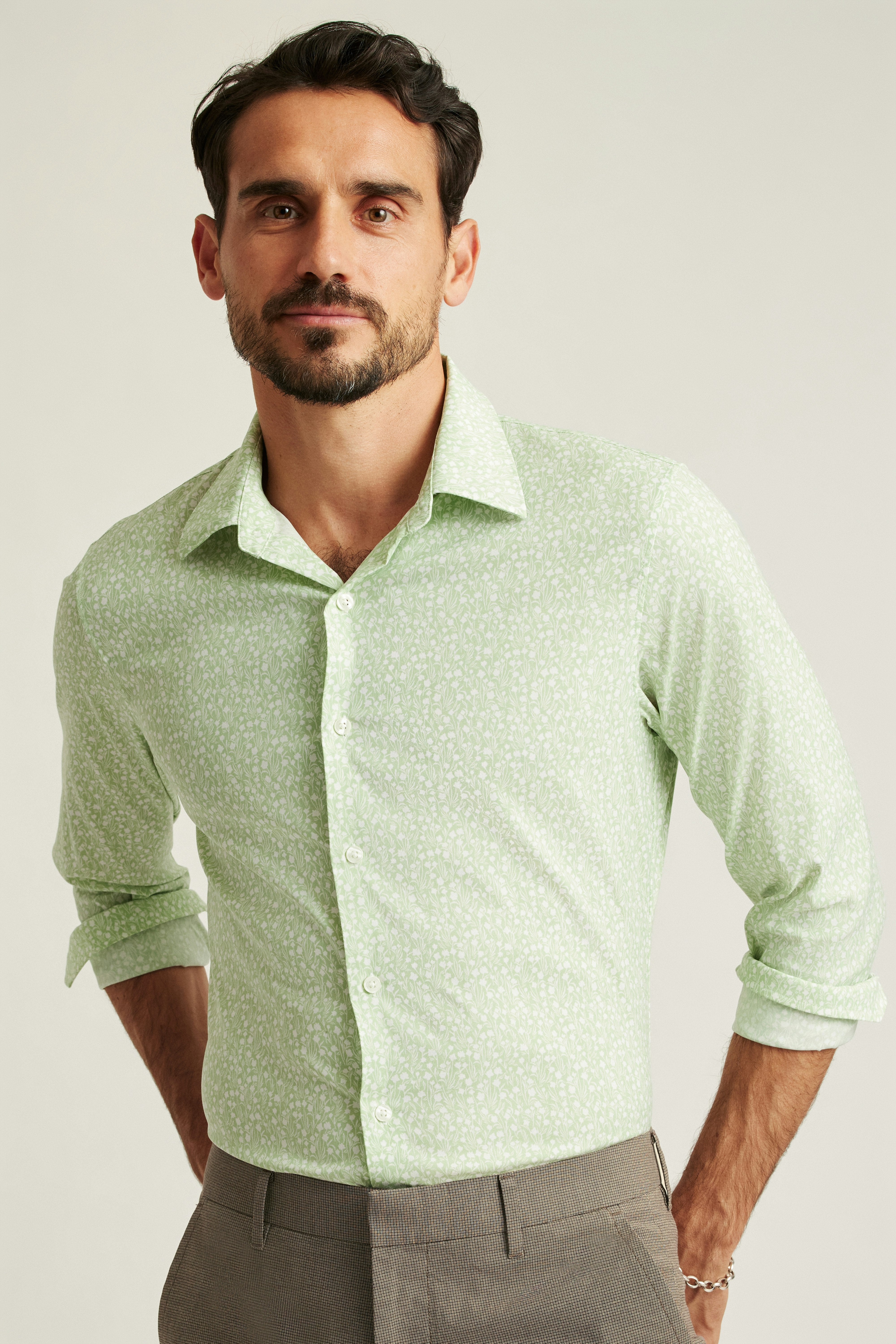 Wholesale,Bonobos, Bonobos Mint Floral Print Tech Slim Long Sleeve Button Down Shirt, Green, Medium-42-TagM