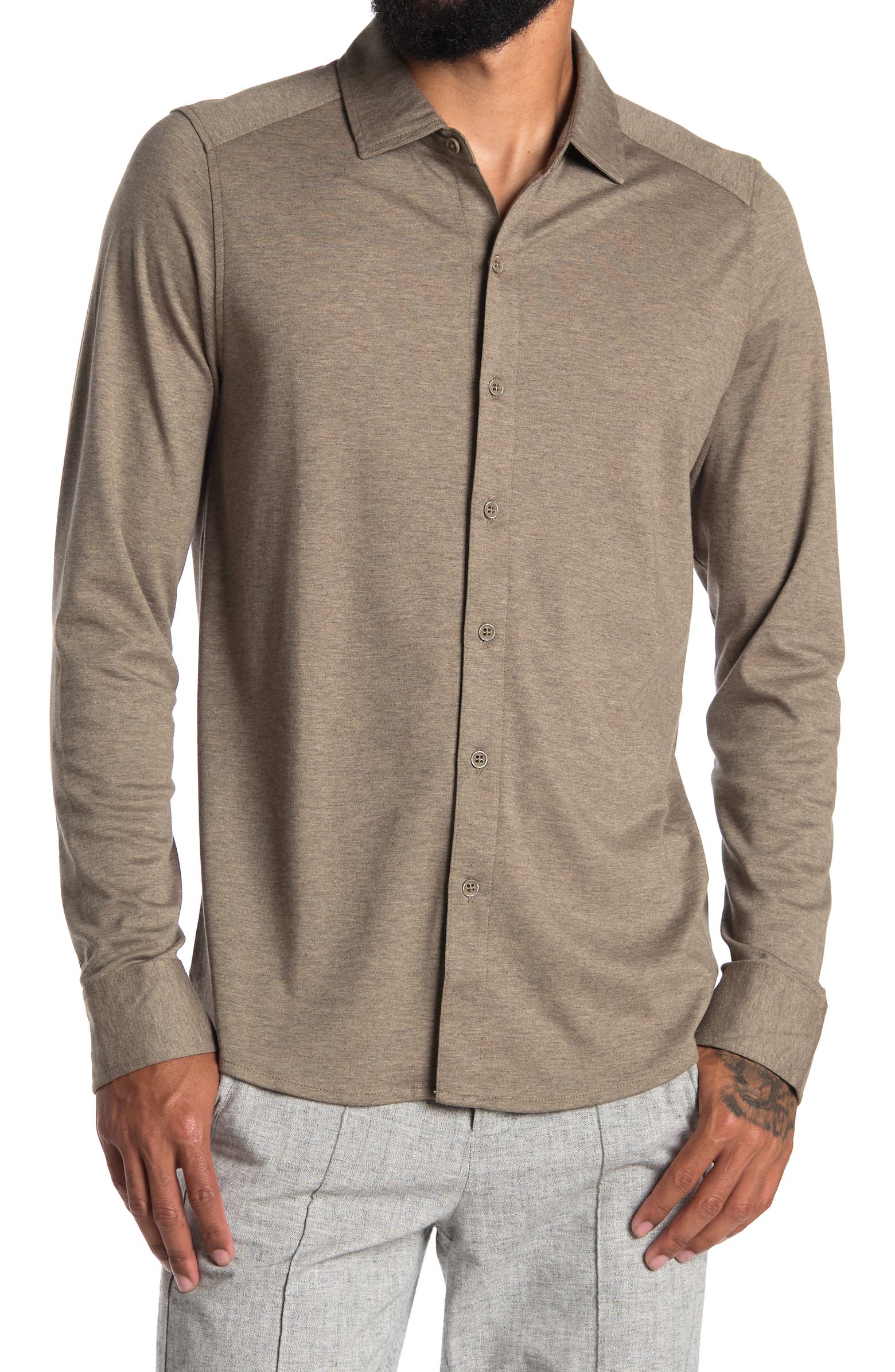 Nordstrom Rack,Raffi, Raffi Light Brown Heathered Knit Long Sleeve Button Up Shirt, Tan, Small-41-TagM