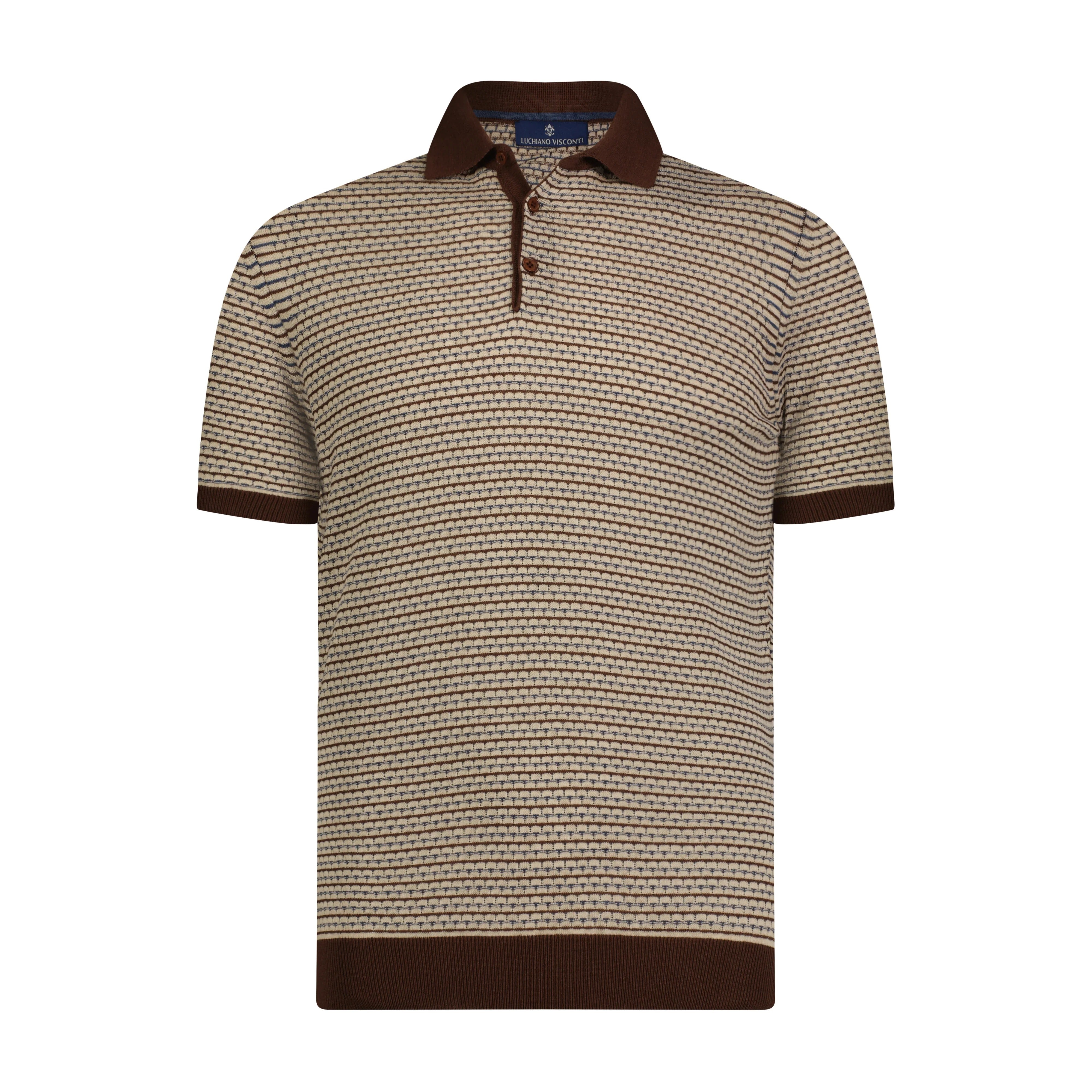 Wholesale,Luchiano Visconti, Luchiano Visconti Chocolate Brown, Beige, and Indigo Triple Yarn Short Sleeve Knit Polo, Brown, Medium-41-TagXL