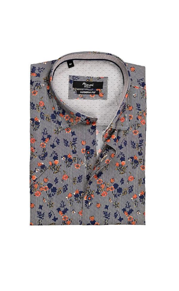 Mizumi Navy/Multi Rose Print Short Sleeve Button Up Shirt