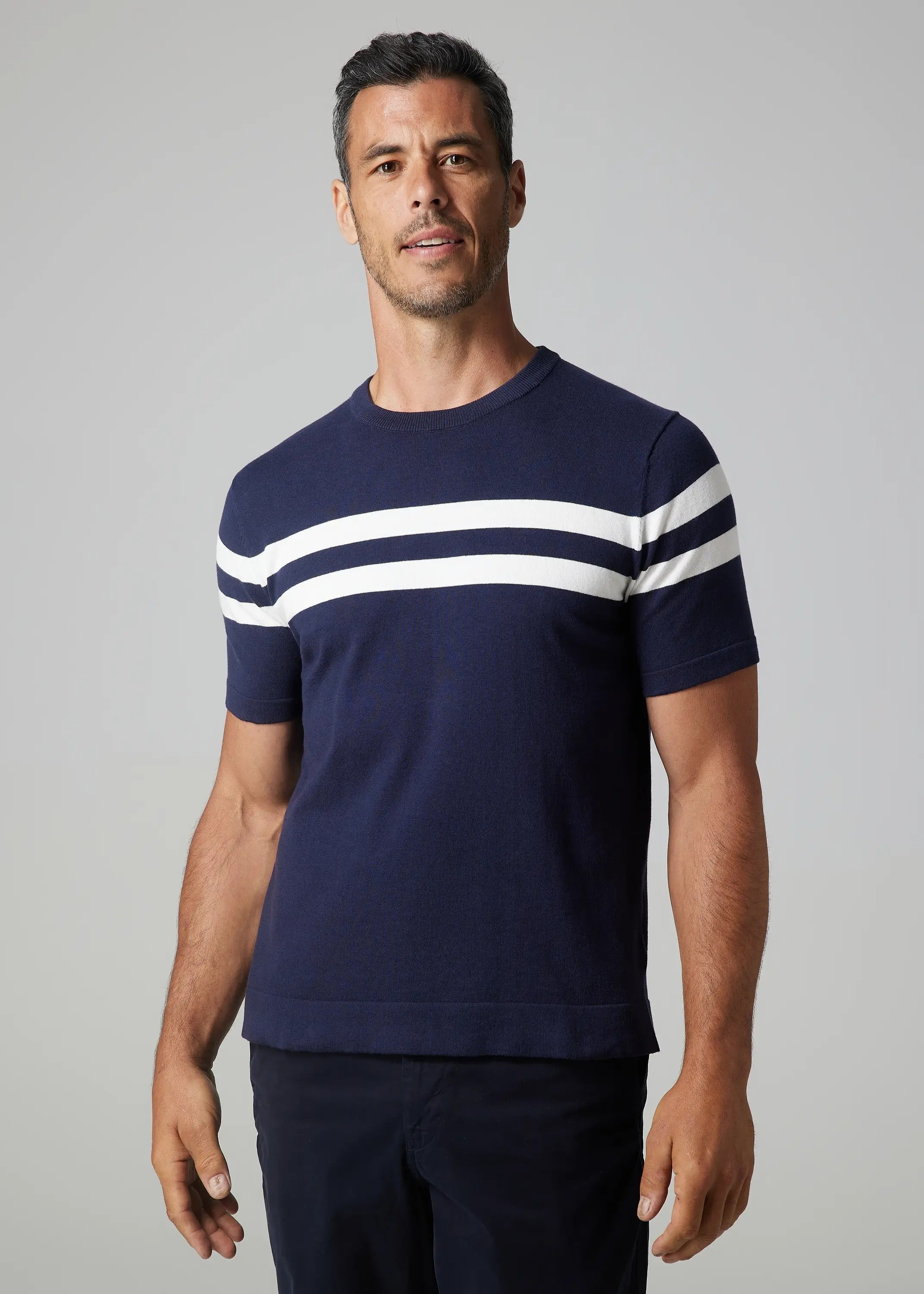 Faire,Julian & Mark, Julian & Mark Navy Crewneck Knit With White Chest Stripe, Blue, Extra Large-48-TagXLLarge-44-TagLMedium-41-TagMMedium-42-TagMLarge-43-TagL
