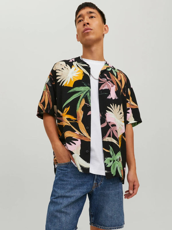Jack & Jones Black Tropical Print Resort Shirt Short Sleeve