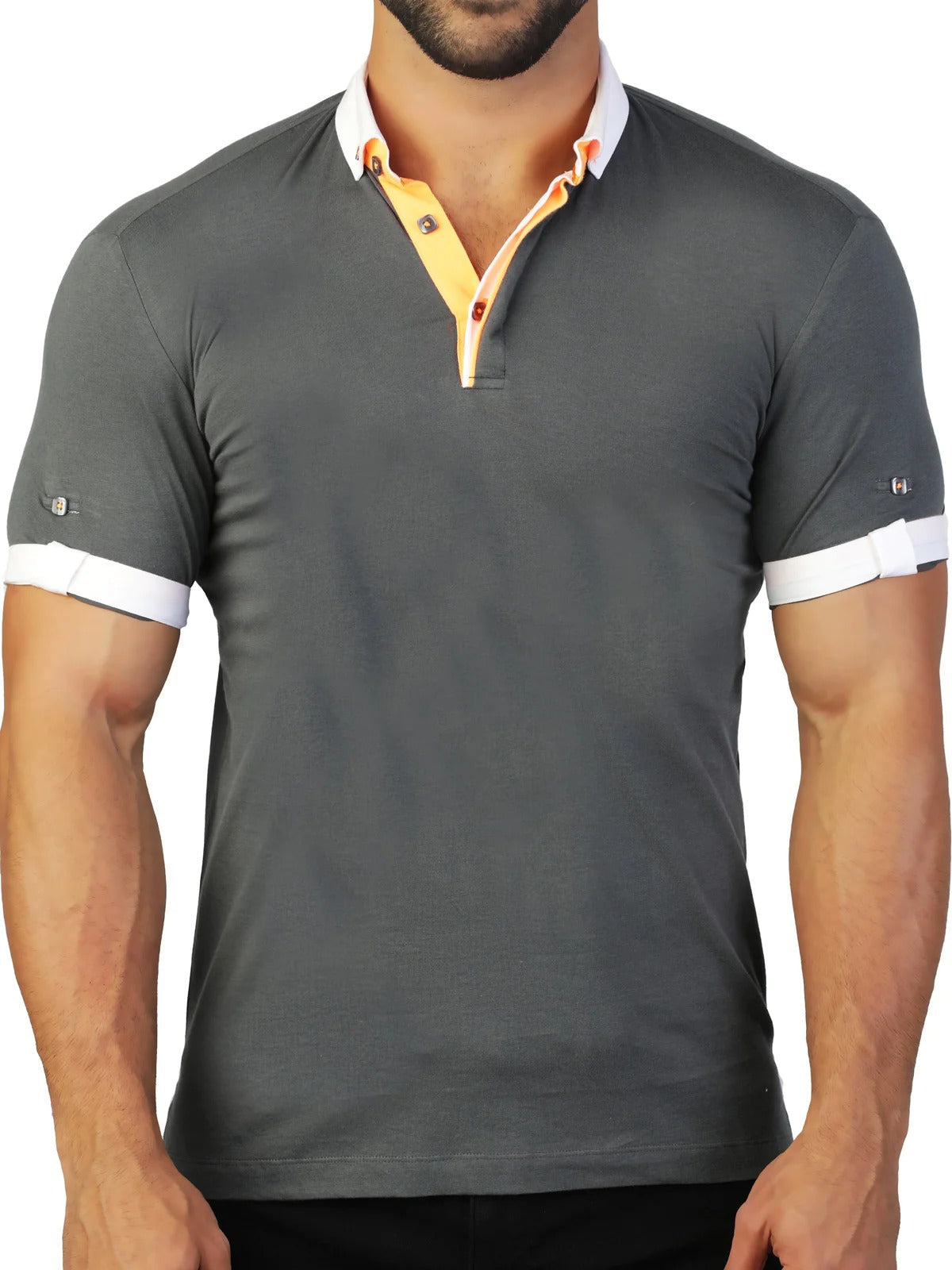 ,Maceoo, Maceoo Grey Short Sleeve Polo with White/Yellow Contrast, , 