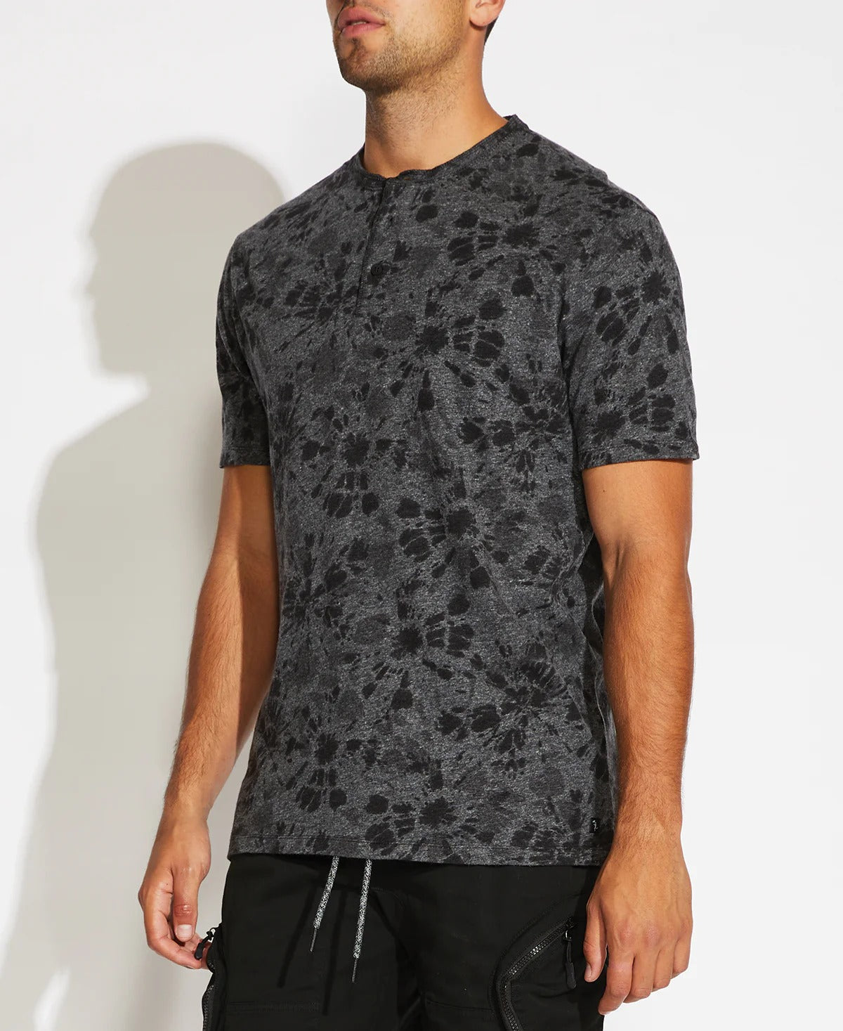 Wholesale,Civil Society, Civil Society Heather Black Printed Jersey Henley Short Sleeve T- Shirt, Black, Extra Extra Large-49-TagXXLLarge-45-TagXLExtra Large-46-TagXLLarge-44-TagLMedium-42-TagMSmall-40-TagS
