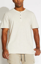 Civil Society Heather Oatmeal Jacquard striped Jersey Henley Short Sleeve T- Shirt