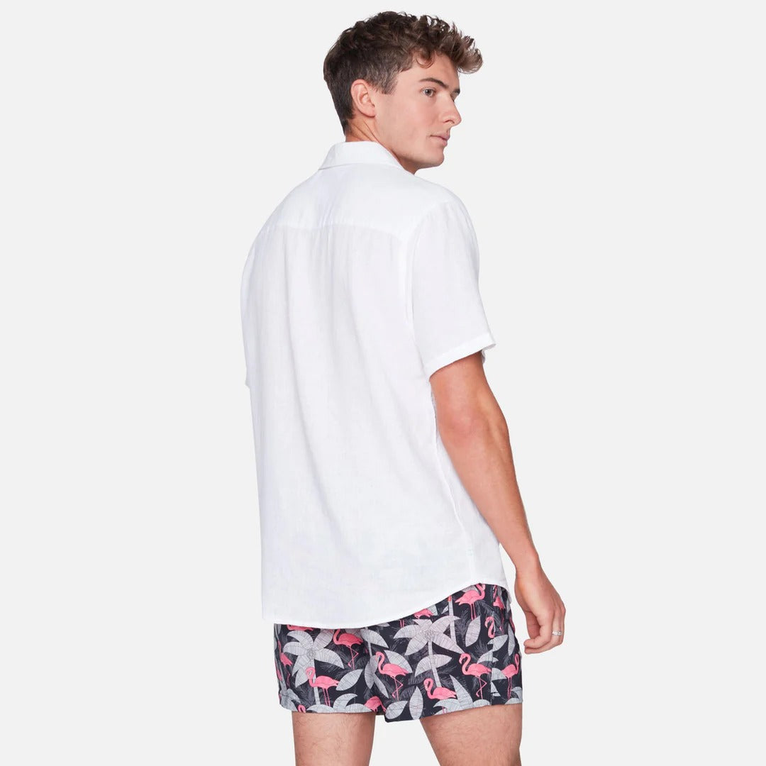 Wholesale,Public Beach, Public Beach White Linen Blend Short Sleeve Shirt with Contrasting Inner Placket, White, Small-42-TagS