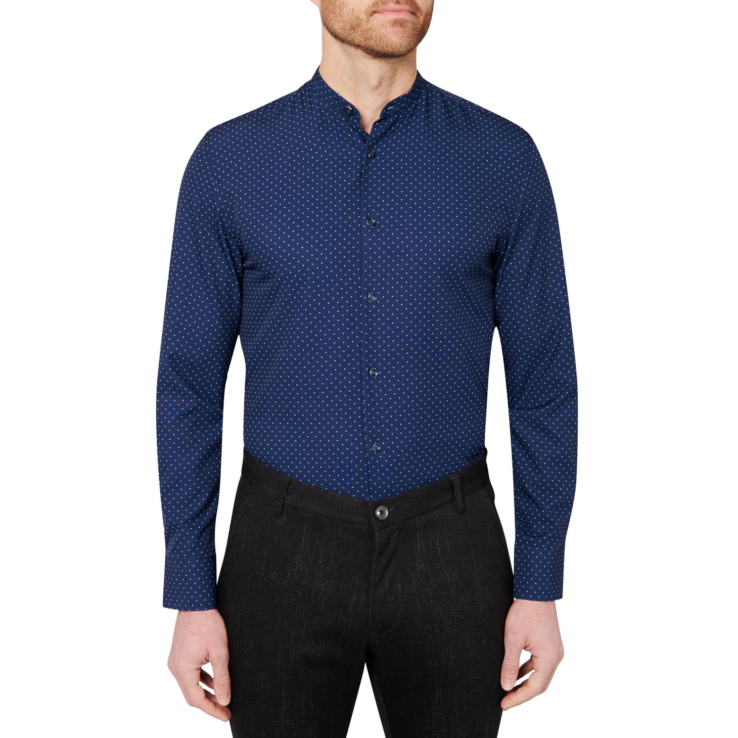 Faire,Brooklyn Brigade, Brooklyn Brigade Diamond Dot Print Mandarin Collar Blue Shirt, Blue, Extra Large-47-TagXLMedium-44-TagLSmall-39-TagS