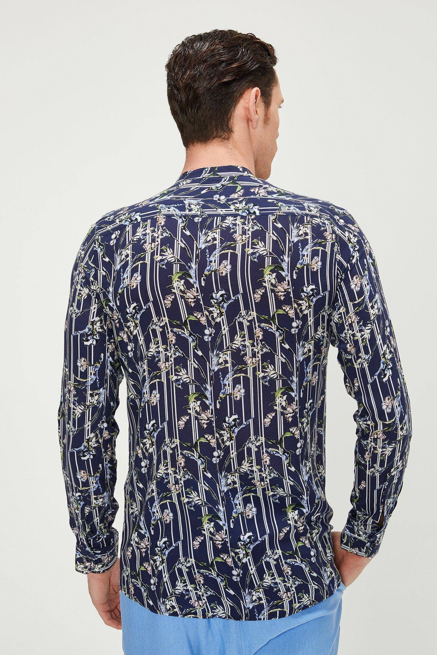 Faire,RNT 23, RNT 23 Navy Floral Stripe Lightweight Mandarin Collar Long Sleeve Tunic, Blue, Small-41-TagS