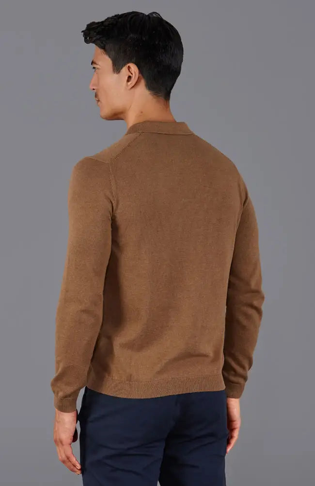 Faire,Paul James, Paul James Caramel Brown Buttonless Knit Longsleeve Polo, Brown, Extra Extra Large-50-TagXXL