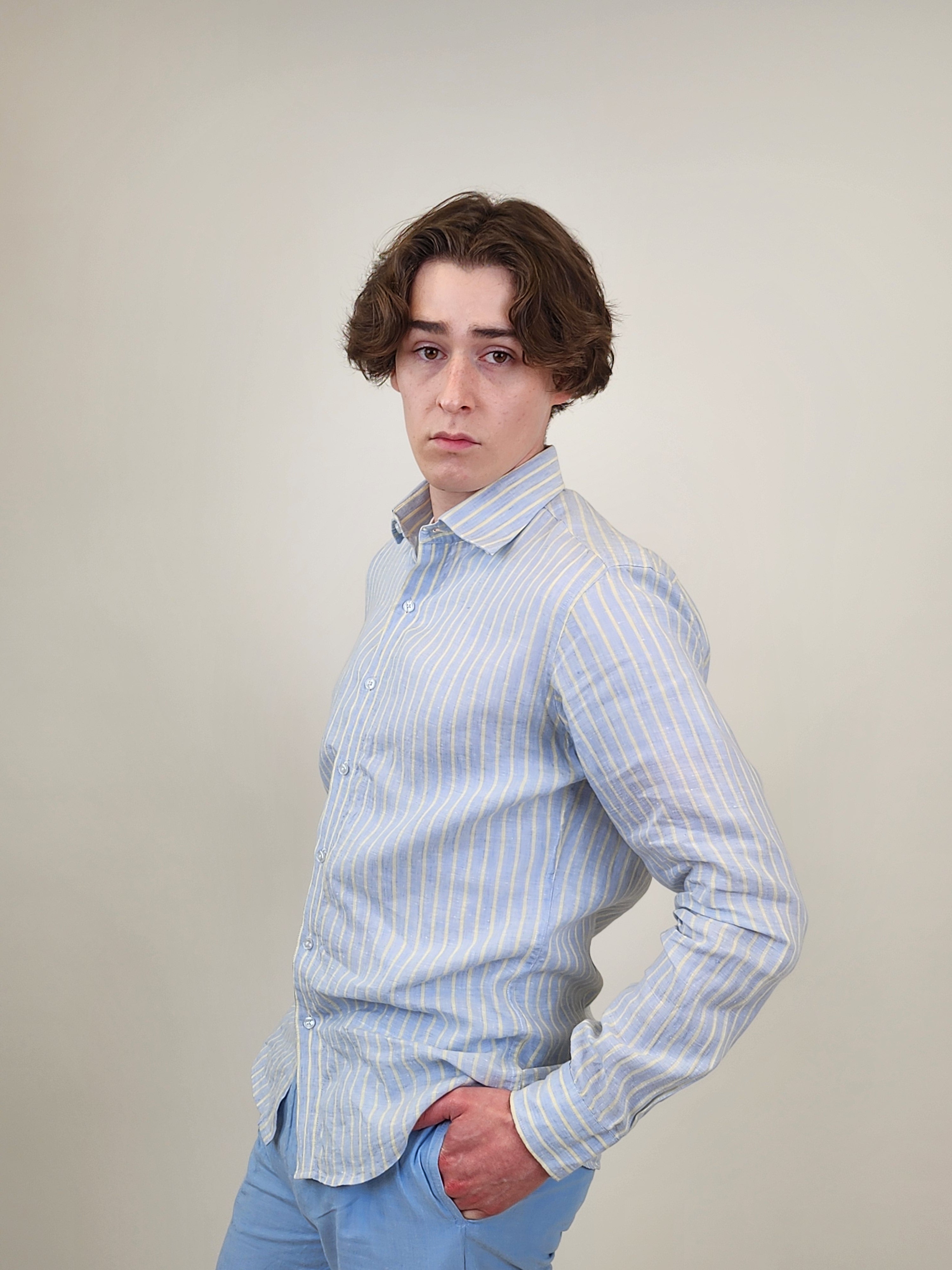 Brand Partner,R2 Amsterdam, R2 Amsterdam Light Blue Stripe Linen Long Sleeve Shirt, Blue, Medium-44-TagMExtra Large-50-TagXL