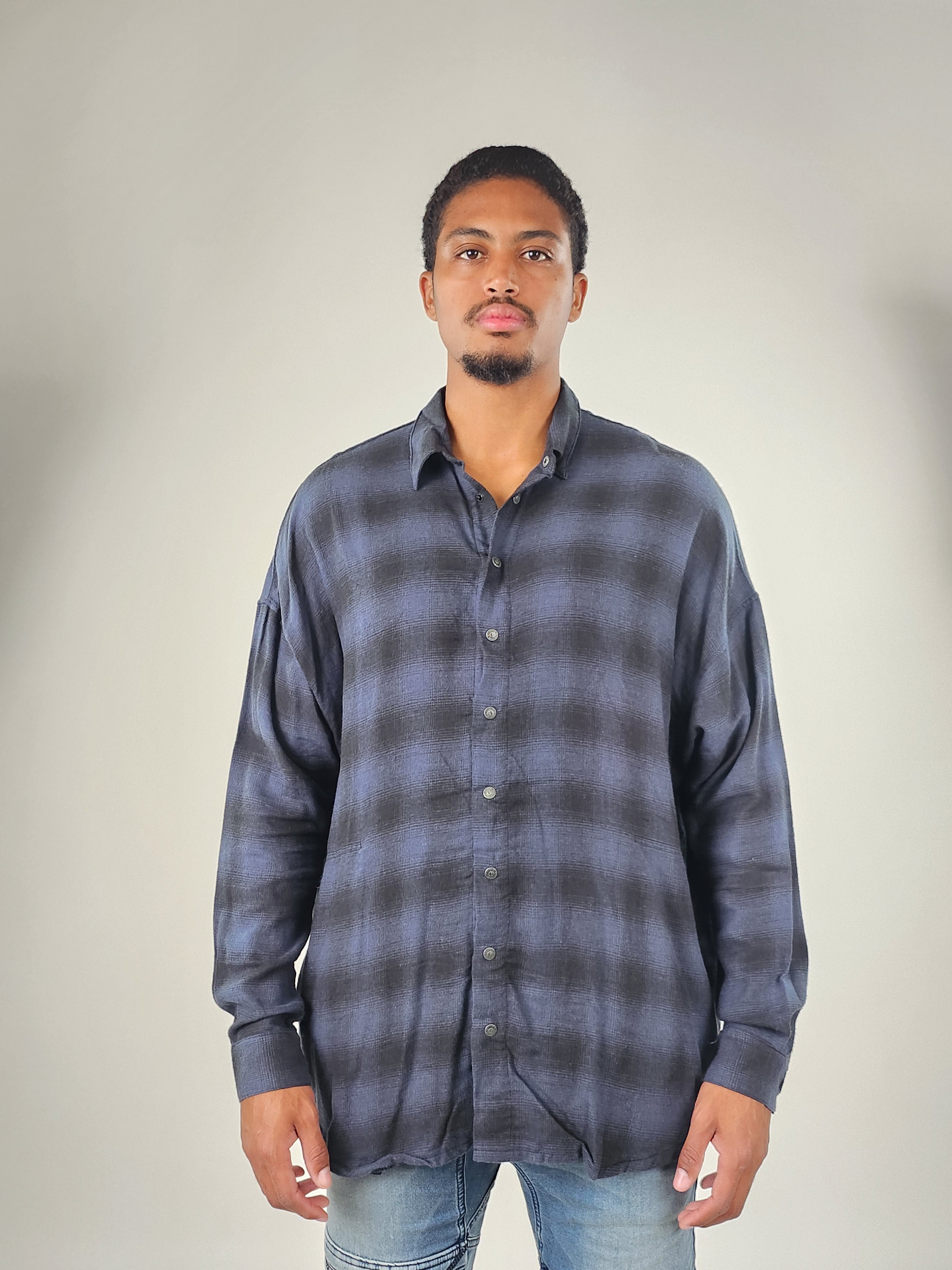 Wholesale,Reesedeluca, Reese De Luca Navy Plaid Long Sleeve Snap Button Up Shirt with Side Pockets, Blue, Extra Extra Large-54-TagM