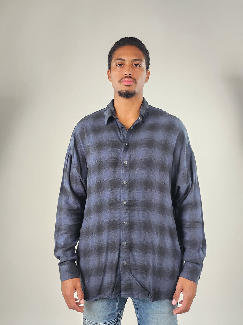 Reese De Luca Navy Plaid Long Sleeve Snap Button Up Shirt with Side Pockets