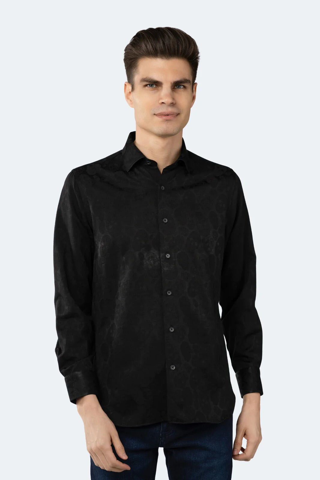 Wholesale,Luchiano Visconti, Luchiano Visconti Black Tonal Skull Print Long Sleeve Shirt, Black, Small-41-TagSMedium-43-TagMLarge-45-TagLExtra Large-48-TagXL