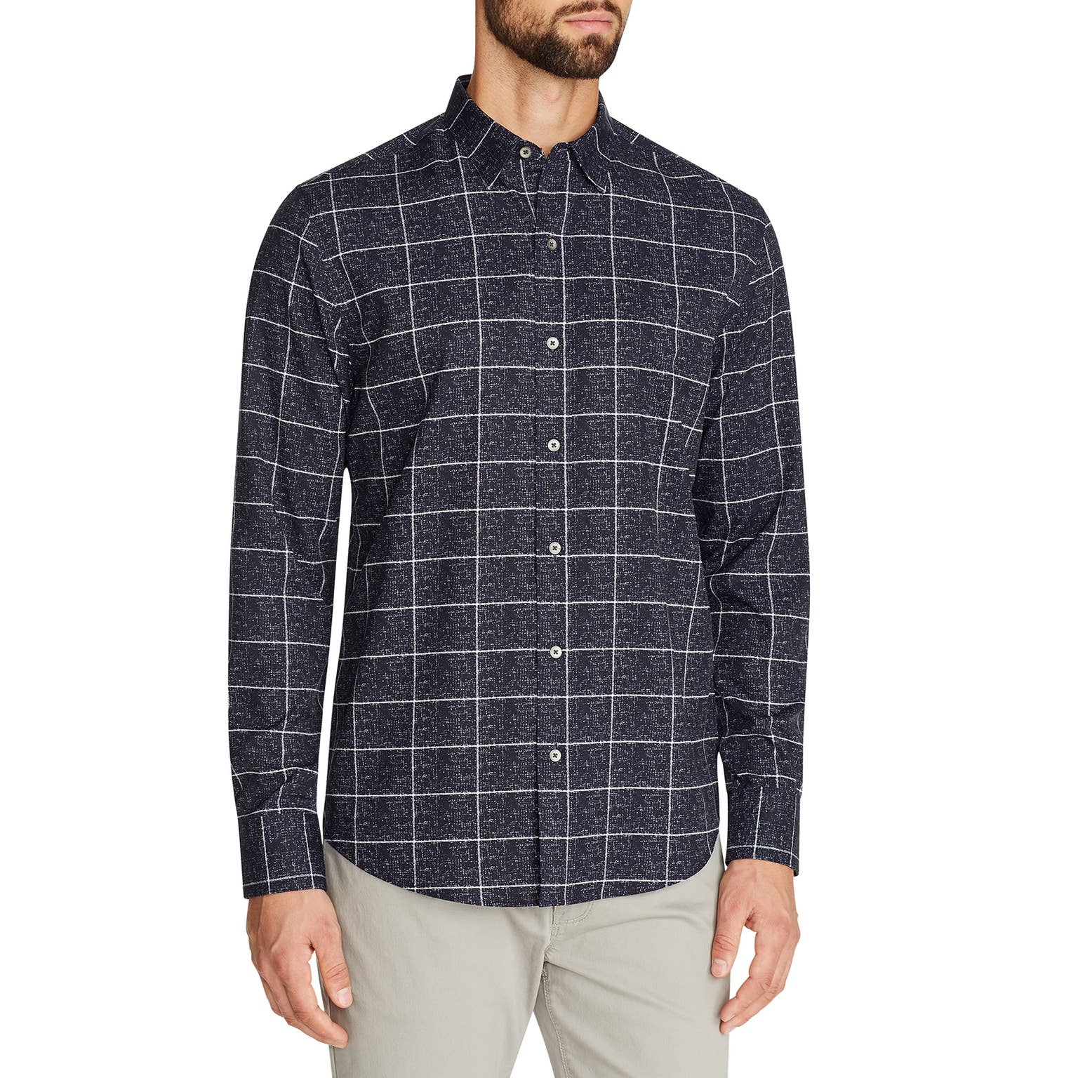 Faire,W.R.K., W.R.K Navy Window Pane Print 4-Way Stretch Long Sleeve Button Up Shirt, Blue, Medium-42-TagM