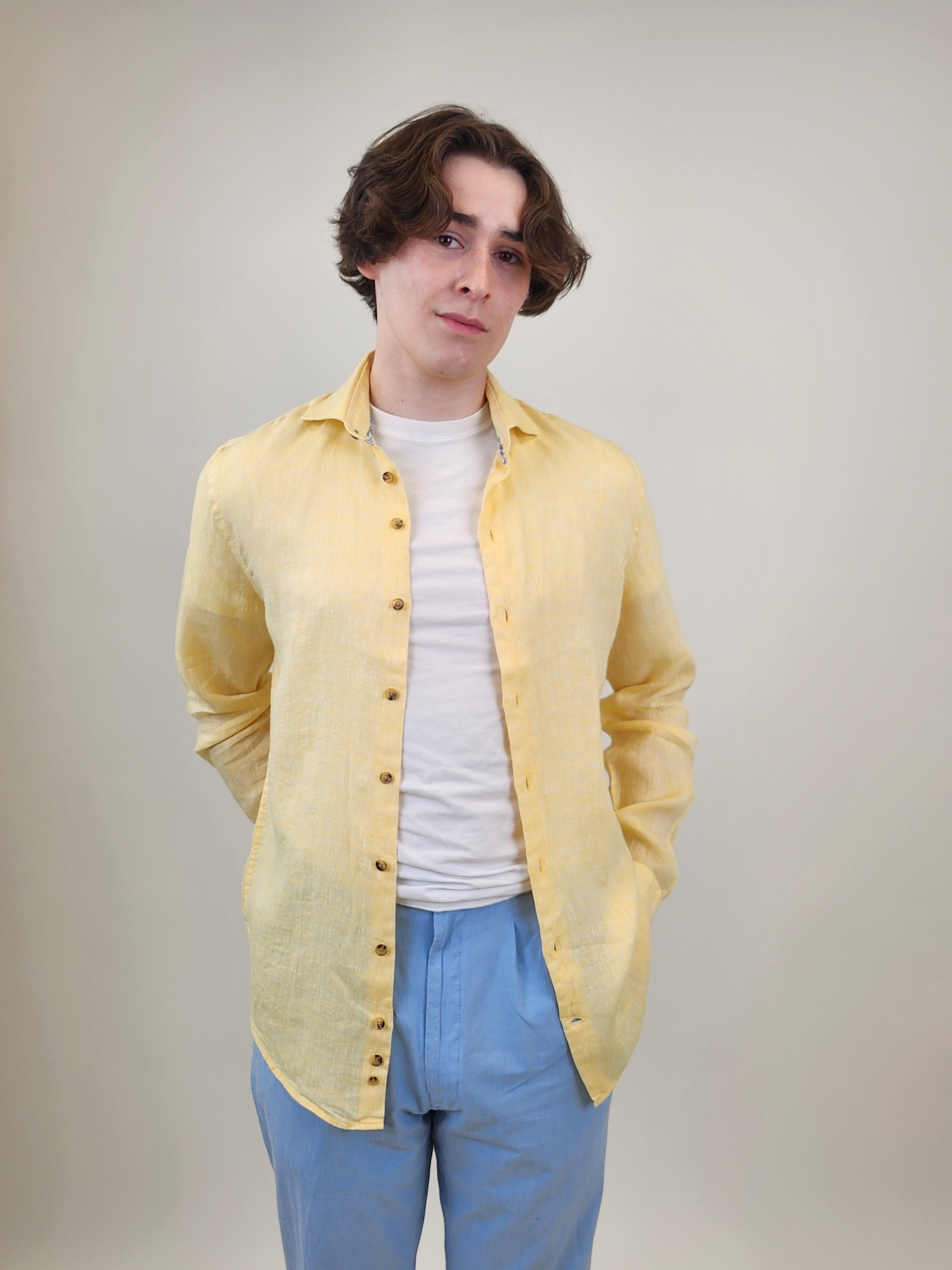 Brand Partner,R2 Amsterdam, R2 Amsterdam Yellow Linen Long Sleeve Shirt, Yellow, Medium-42-Tag39