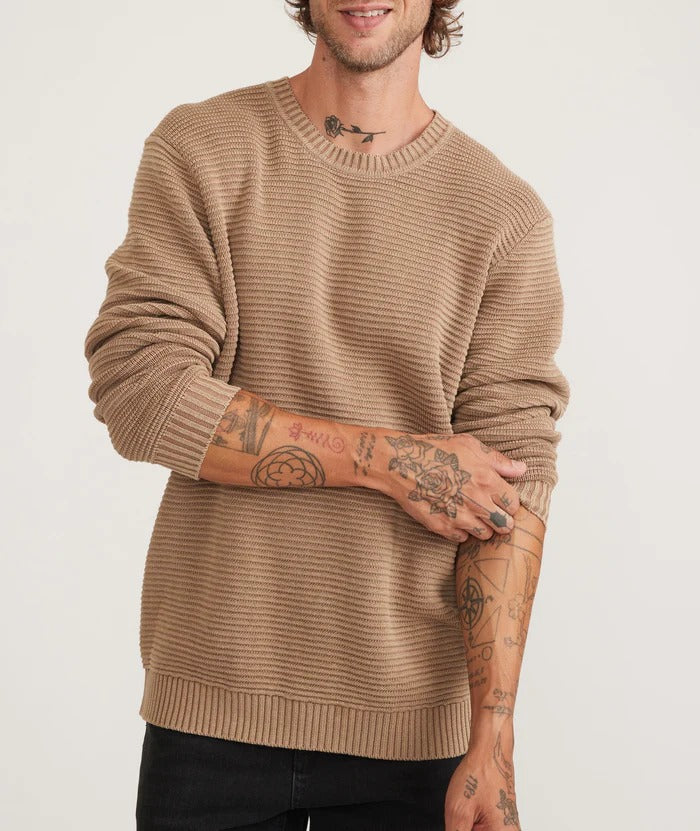 Marine Layer Tan Garment Dye Cotton Crewneck Sweater