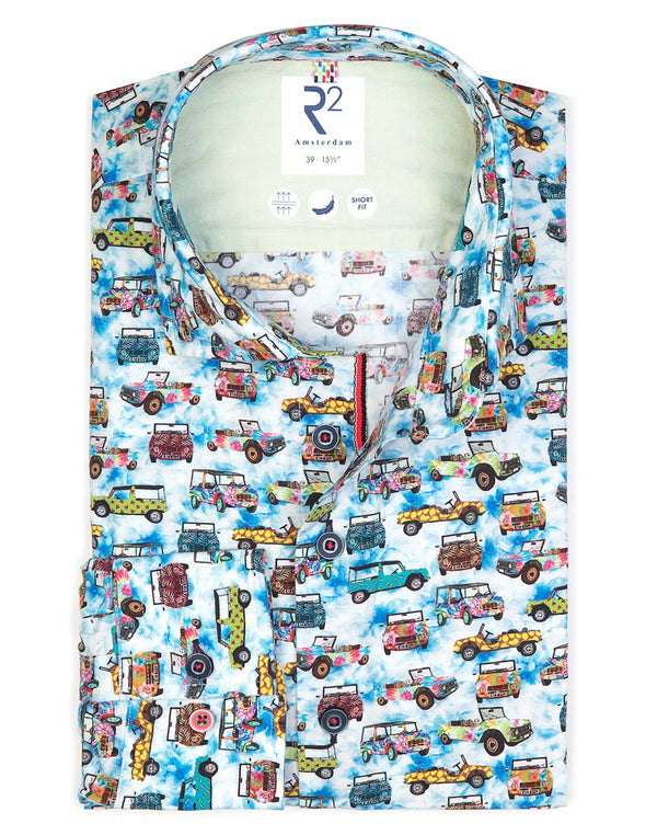 R2 Amsterdam Blue Multi Car Print Stretch Shirt