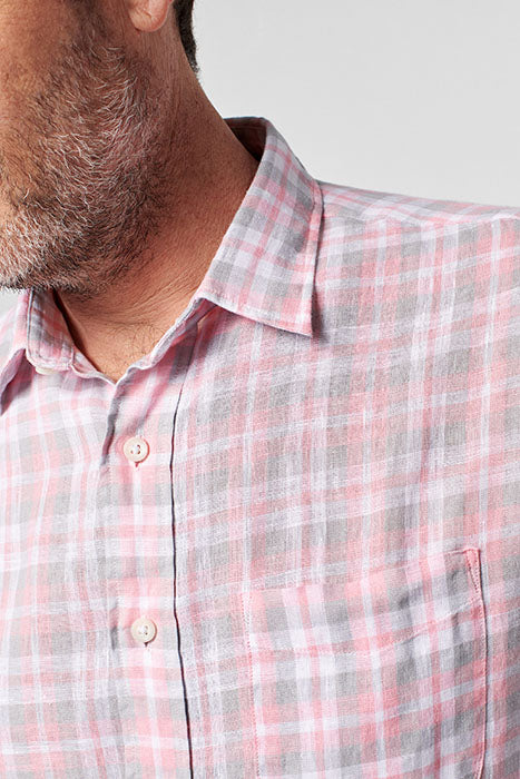 Otrium,Faherty, Faherty Pink/Grey Plaid Linen Long Sleeve Button Up, Pink, Large-45-TagL
