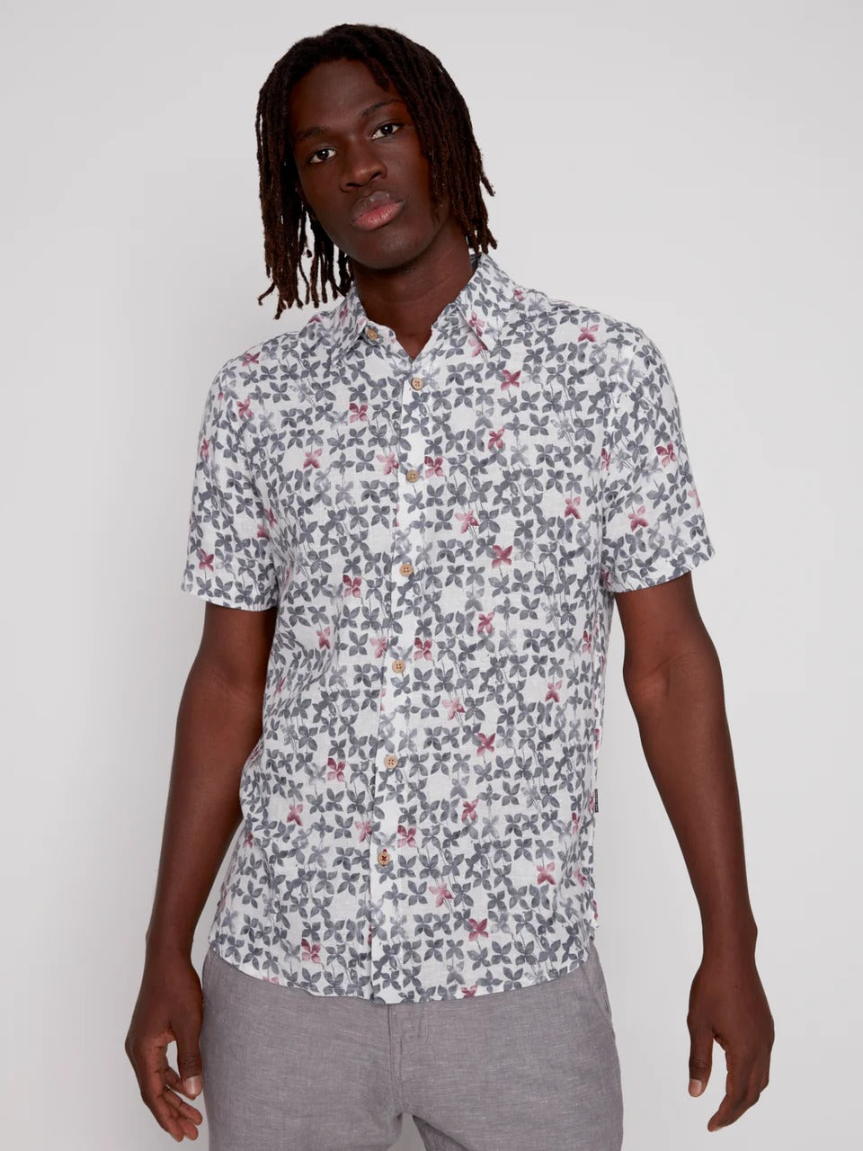 Wholesale,Projek Raw, Projek Raw Grey/White Floral Linen Blend Short Sleeve Shirt, Grey, Extra Large-48-TagXL
