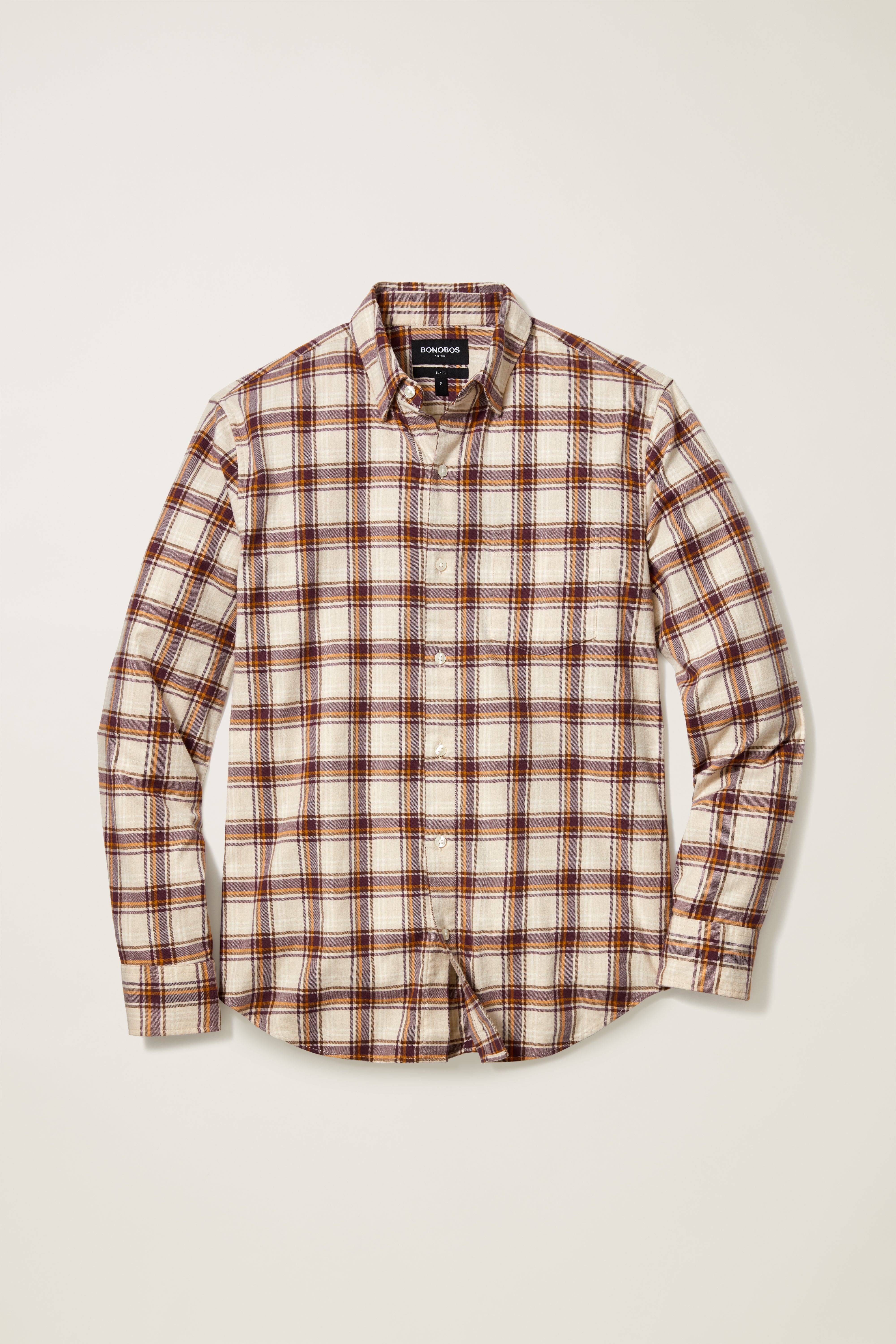 Wholesale,Bonobos, Bonobos Tan and Burgundy Stretch Slim Plaid Flannel Shirt, Tan, Small-38-TagS
