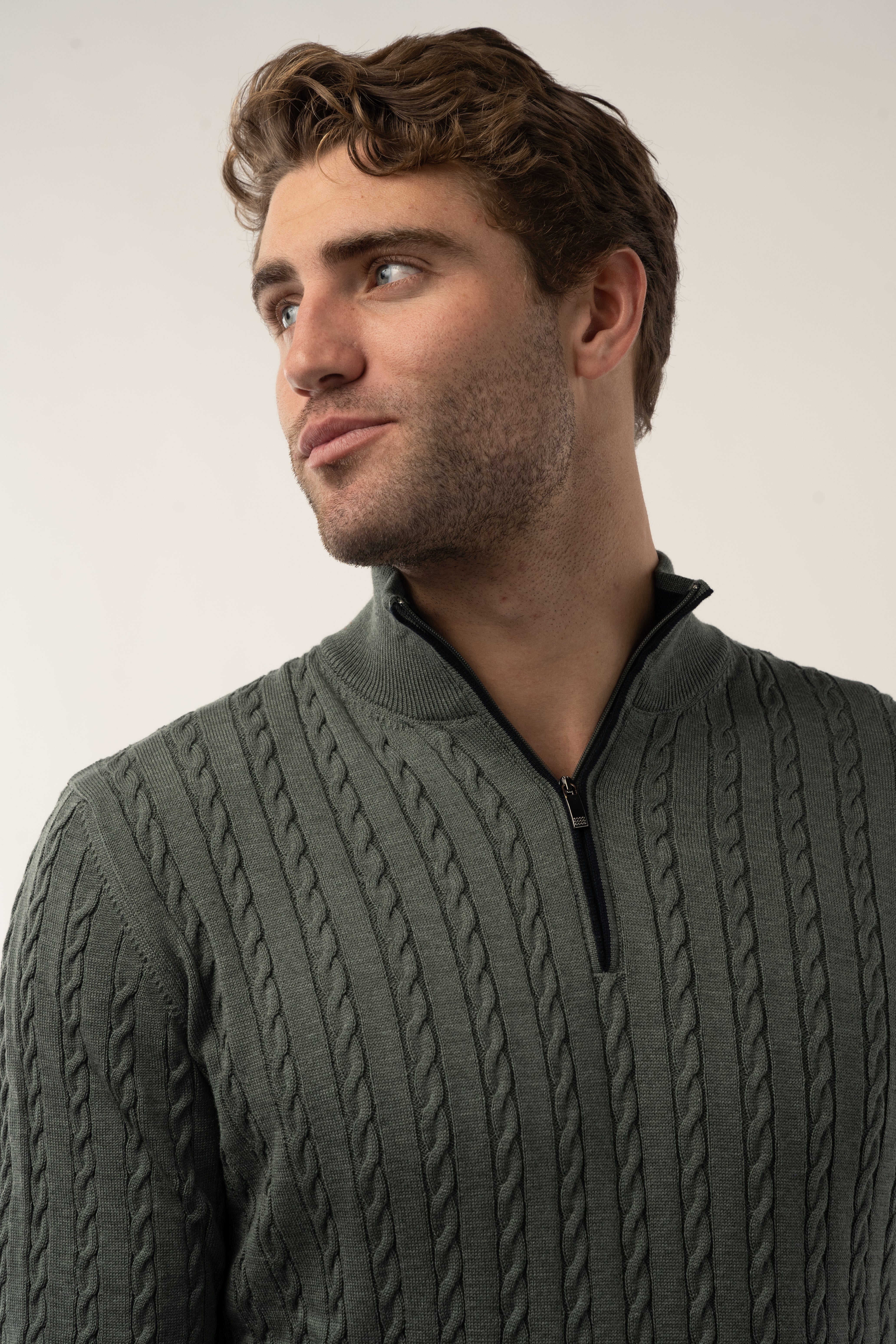 Wholesale,Luchiano Visconti, Luchiano Visconti Olive Quartz Zip Cable Long Sleeve Pullover, Green, Medium-42-TagL