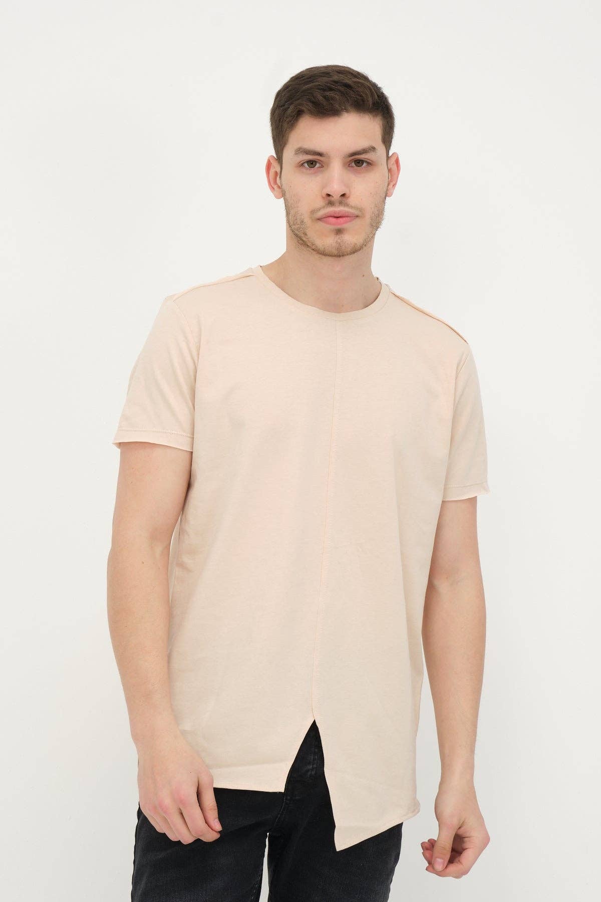 Faire,Ron Tomson, Ron Tomson Beige Slit Bottom Tee, Tan, Small-40-TagSMedium-43-TagMMedium-42-TagMMedium-42-TagL