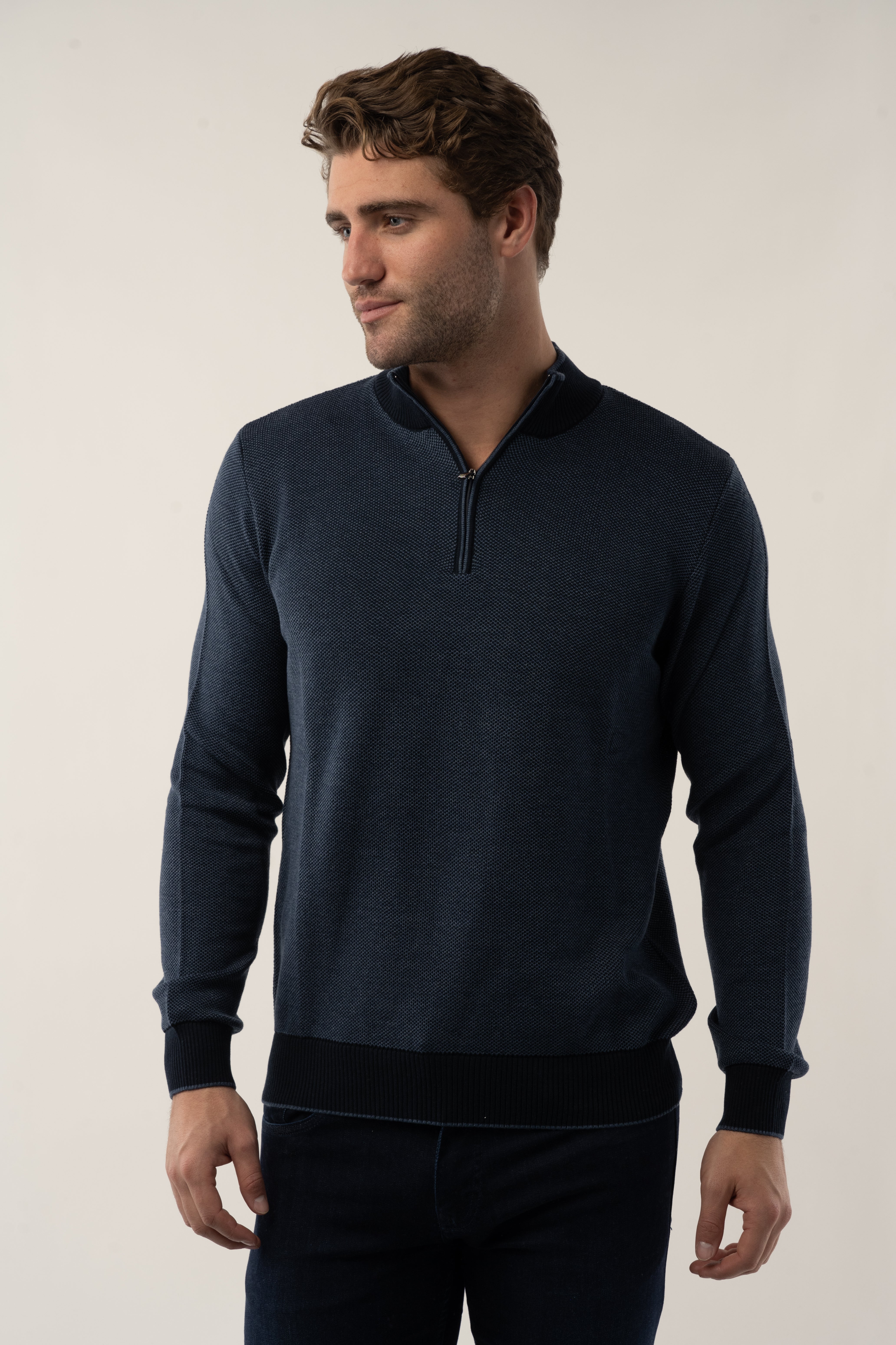 Faire,Eight X, Luchiano Visconti Navy Birdseye Quarter Zip Long Sleeve Sweater, Blue, Extra Extra Large-48-TagXXLExtra Large-47-TagXLLarge-44-TagLMedium-42-TagMMedium-44-TagM