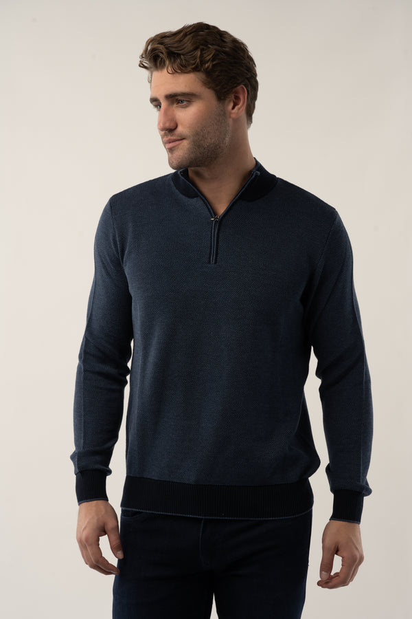 Luchiano Visconti Navy Birdseye Quarter Zip Long Sleeve Sweater