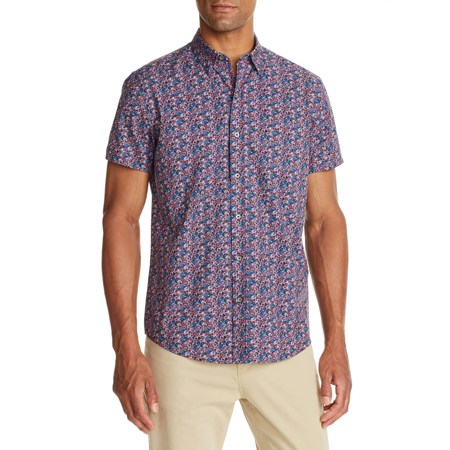 Faire,W.R.K., W.R.K Blue & Burgundy Floral Print 4-Way Stretch Short Sleeve Button Up Shirt, Blue, Large-44-TagL