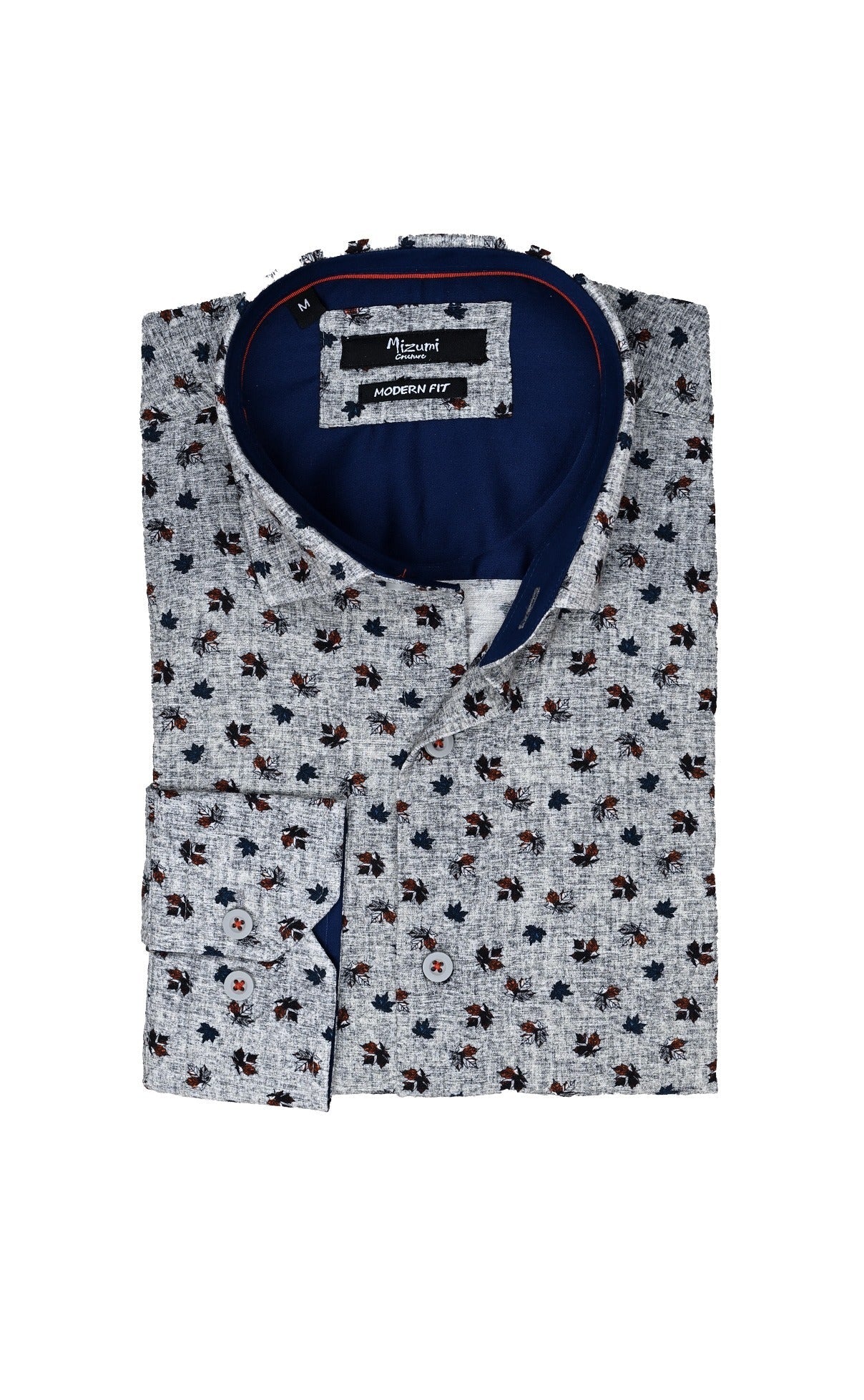 Wholesale,Mizumi, Mizumi Light Grey Leaf Print Long Sleeve Button Up Shirt, Grey, Extra Large-48-TagXL