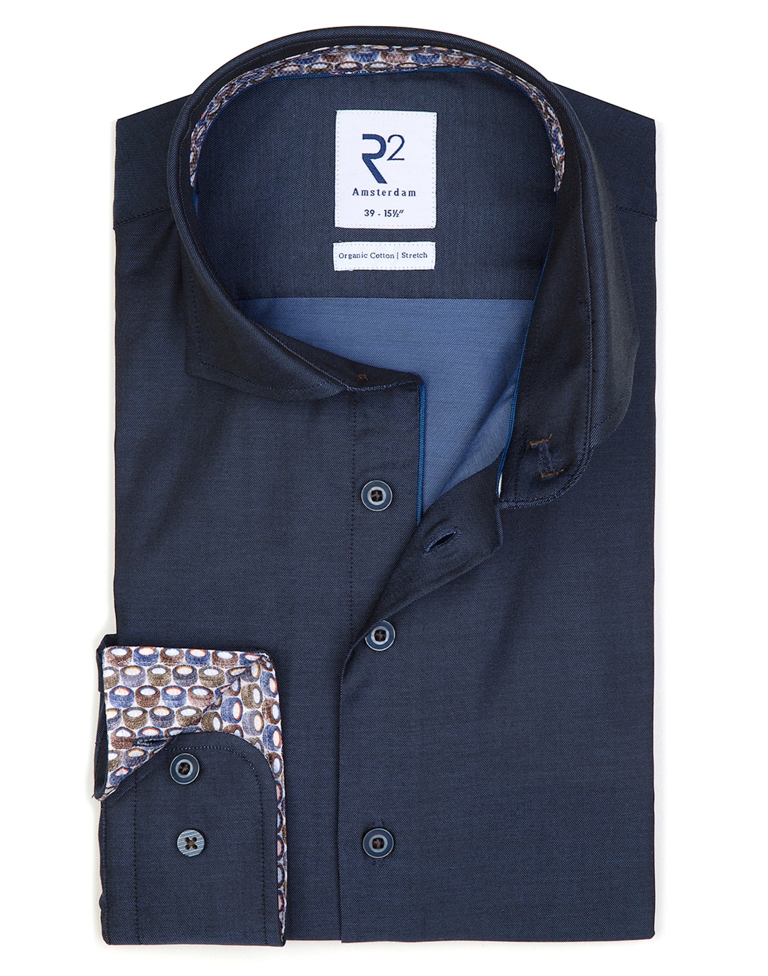 Brand Partner,R2 Amsterdam, R2 Amsterdam Navy Blue 2 PLY Organic Cotton Long Sleeve Button Up Shirt with Tire Print Contrast, Blue, Small-42-Tag40