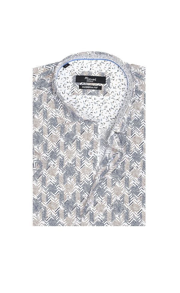 Mizumi White/Blue Geo Print Short Sleeve Button Up Shirt