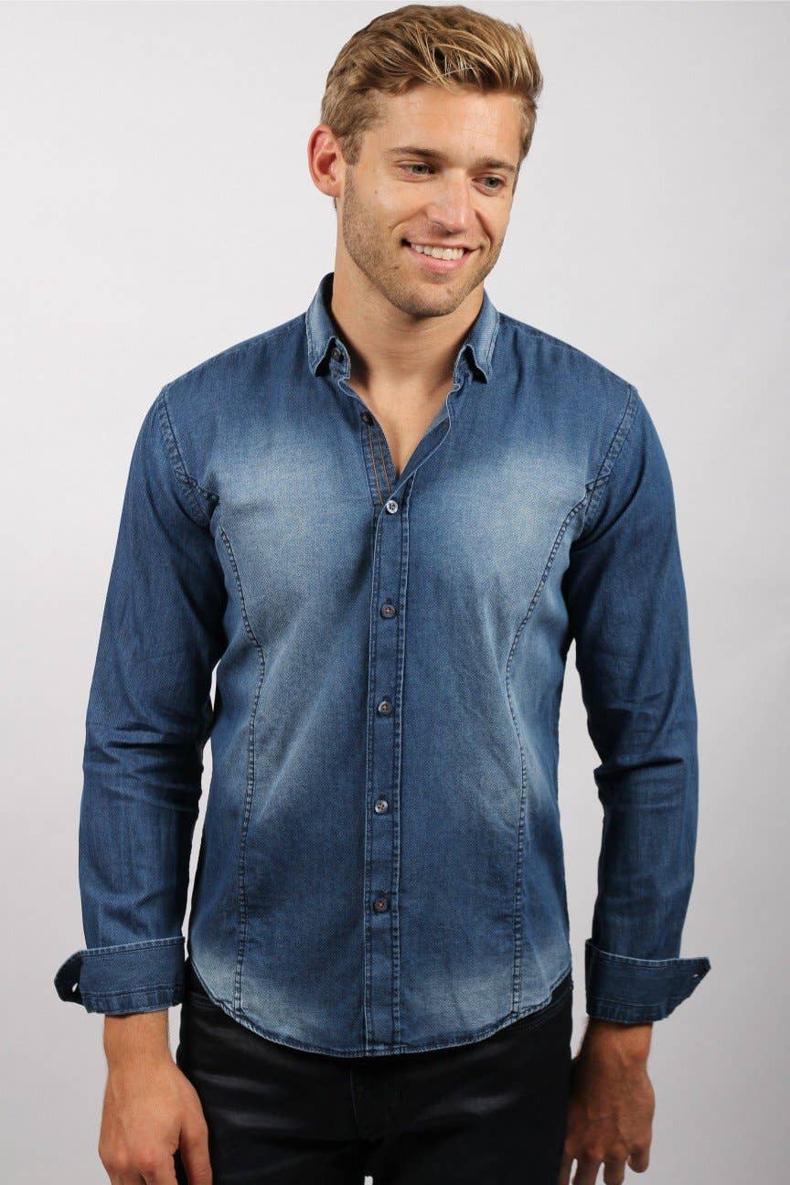 Faire,Eight X, Eight X Blue Denim Print Slim Fit Long Sleeve Button Up, Blue, Medium-42-TagL