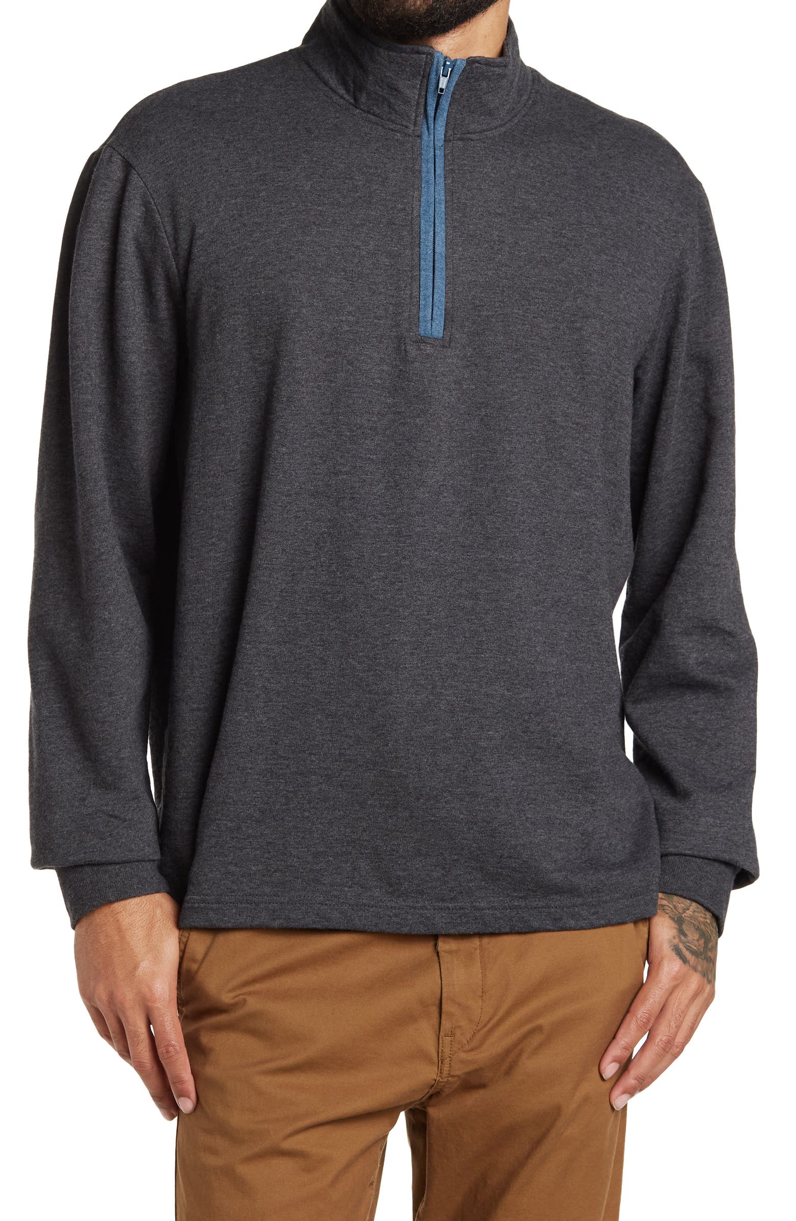 Nordstorm Rack,Copper + Oak, Copper + Oak Navy Heather Button Mock Neck Pullover, Blue, Medium-44-TagM